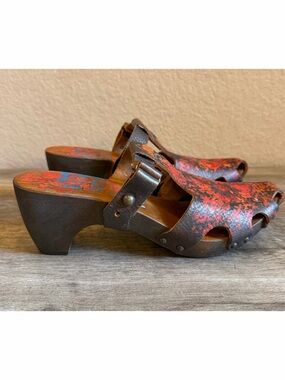 Diesel Wooden Clogs Hand Painted Leather With Brass Studs